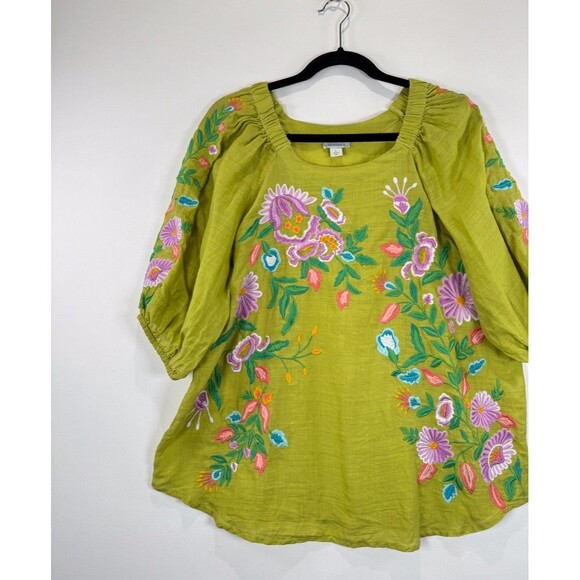 Sundance Womens Top Green Embroidered Floral Ramie 3/4 Sleeve Blouse Boho Large - Picture 5 of 11